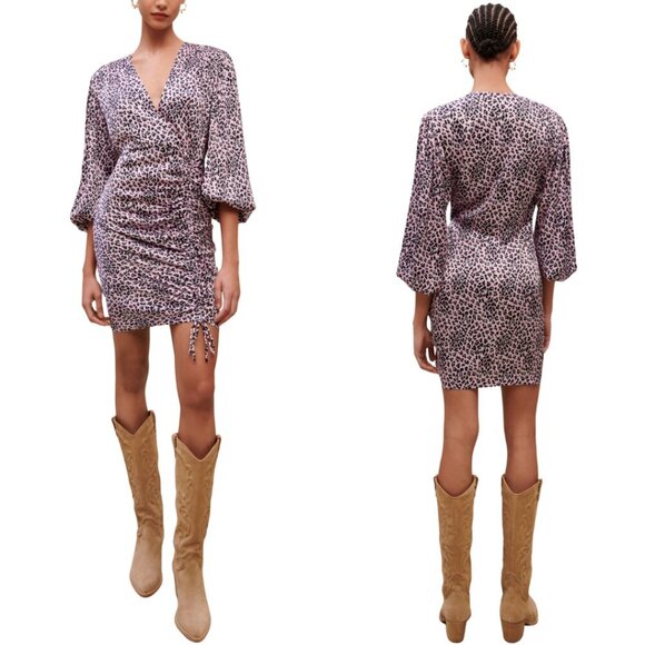 Maje Draped Leopard Print Mini Dress Women's XL Pink Faux Wrap Ruched Party NWT - Picture 1 of 16